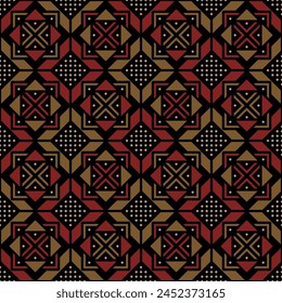 carpet sample. aztec motifs. vector seamless pattern. black repetitive background. maroon, gold, silver geometric shapes. fabric swatch. wrapping paper. design template for textile, home decor, linen