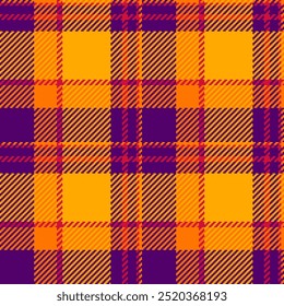 Carpet seamless pattern check, print textile texture plaid. Customer background fabric vector tartan in purple and orange colors.