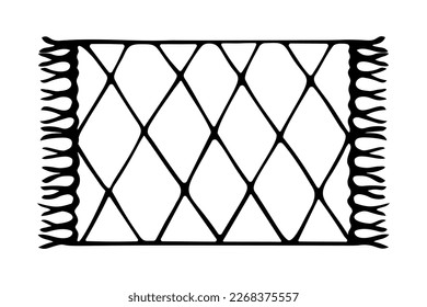 Carpet. Sketch. Fringed floor covering. Floor mat with diagonal stripes in the form of rhombuses. Vector illustration. Rug in doodle style. Coloring book. Outline on isolated background. 