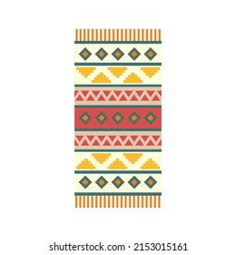 Alfombra. Pequeña alfombra con motivos étnicos, estilo boho. Icono para sitio web, aplicación sobre diseño interior, turismo, patrones. Ilustración plana vectorial, estilo de dibujos animados.