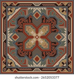 Carpet, square frame, prayer mat, Aztec ethnic pattern