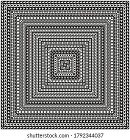 Carpet square print from Maori ethnic geometrical pattern, black and white ornate stripes. Bandana, shawl, rug, mat, chintz towel, Batik paint, tribal border. 20 pattern brushes in the brush palette 