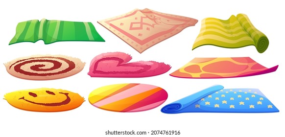 Carpets collection, round, rectangle and heart shape floor rugs. Vector cartoon set of cloth mats for home interior, bath and picnic, cotton woven and fluffy carpets isolated on white background