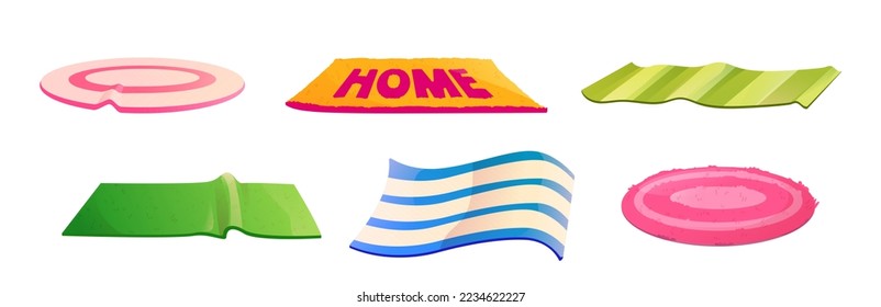 Carpets, fluffy floor mats for bathroom, cloth rugs for home interior or picnic. Circle, square and rectangle fabric carpets with striped pattern and text, vector cartoon set