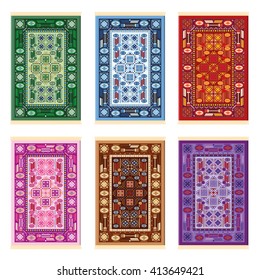 Carpets - oriental pattern - six color variations - green, blue, red, pink, brown and purple. Isolated vector illustration on white background.