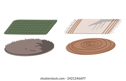 Carpets and rugs, floor mats for bath or dog of different shapes, designs and colors. Isolated nappy covering, interior decor with ornamental print, cozy home decoration, Cartoon vector illustration