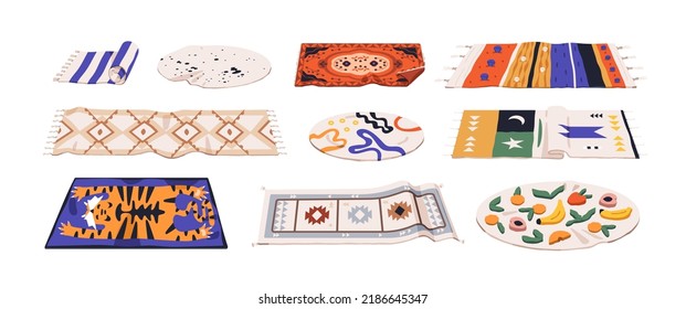 Alfombras, alfombras corredoras, esteras textiles de lana. Decoración moderna en el suelo con motivos, adornos y formas diferentes para un interior acogedor. Ilustraciones vectoriales planas aisladas en fondo blanco