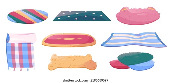 Carpets set, floor rugs for bath, picnic, pets and home interior. Cloth and fluffy mats with striped and tartan pattern, in shape of cat and bone isolated on white background, vector cartoon set