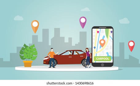 carpool car sharing concept technology for people in urban city use gps location track with modern flat style - vector