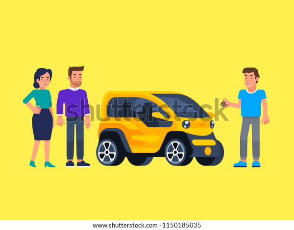 Carpool and car sharing. Happy people\
in front of the car. Travel by car. Vector\
illustration