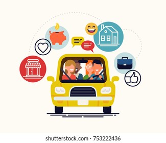 Carpool, car sharing or lift sharing concept illustration with simplified group of driver and passengers characters inside of car. Diverse group of people shares car, front view. Flat design, vector