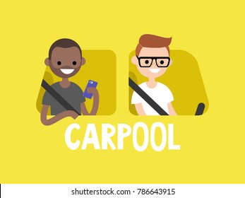 Carpool conceptual illustration. A driver and a passenger riding in the car. Flat editable vector illustration, clip art