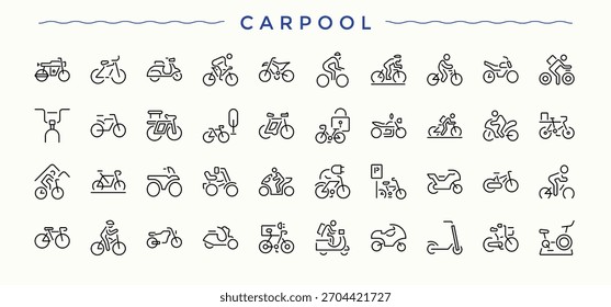 Carpool icon set. Includes symbols for cab, service, hire, automotive, travel, taxi, bike and more. Rental icon set. Thin line icons set. Editable stroke. Vector illustration.