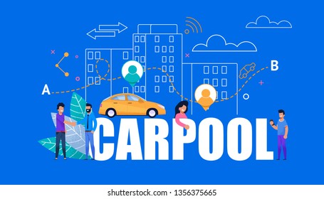 Carpool Modern Banner. Yellow Car With City People. Modern Line Art Cityscape Town Building. Happy Men And Woman Cooperation Together For Automobile Service. Travel Lifestyle. Carpooling Search.