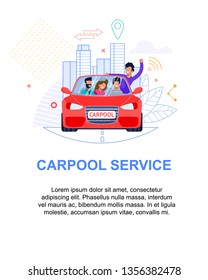 Carpool Service Banner. Red Car With People. Flat Illustration. Man Character Passenger Group In Automobile Travel Together. Line Art Cityscape. Trendy Cooperation For Commercial Transport Rent.