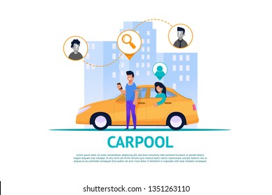 Carpool Service Flat Illustration. Route and Trafic Cooperation. Yellow Car with Girl on Back Seat. Sustainable Client Traffic. Square Banner. Mobility Social Service Concept. Taxi Vehicle Rent.