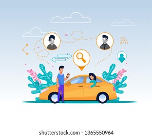 Carpool Service Illustration. Cartoon Guy Character With Mobile Phone Wait For Cab To Ride. Wooman Passenger Sitting On Car. Line Design With Memphis Element. Travel Transport Technology.