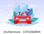 Carpool Service. Weekend Journey. Young Man and Woman People Character in Red Car. Drive Cooperation Technology. Town Ride with Fun Friends. Modern Flat Illustration with Memphis Element.