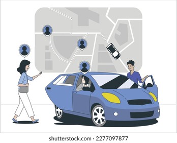 Servicio de Carpool. Viaje de fin de semana. Personajes de hombres y mujeres jóvenes en coches rojos. Impulsar la tecnología de cooperación. Caminata con amigos divertidos. Ilustración plana moderna con elemento Memphis.