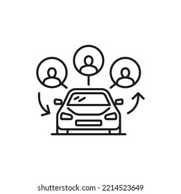 Compartir carpool, gente que usa el servicio de compartir coches. Icono lineal de uso compartido de automóviles o de transporte compartido, de transporte compartido y de transporte compartido. Varios conductores en alquiler de coches