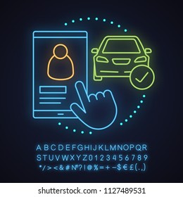 Carpooling app neon light concept icon. Taxi ordering idea. Drivers choosing. Glowing sign with alphabet, numbers and symbols. Vector isolated illustration