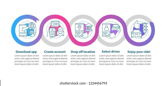 Carpooling app vector infographic template. Car sharing service. Business presentation. Car rental. Taxi order. Data visualization with five steps and options. Process chart. Workflow layout