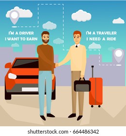 Carpooling Concept Vector Illustration In Cartoon Style. Carpool And Car Sharing Service Poster. Two Men Shaking Hands In Front Of The Car. Travel By Car.