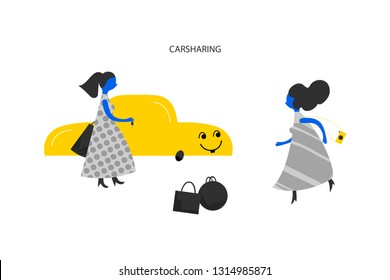 Carpooling hand drawn illustration. Happy vehicle kawaii drawing. Two women with automobile flat characters. Carsharing typography lettering. Auto rental cartoon clipart. Isolated design element