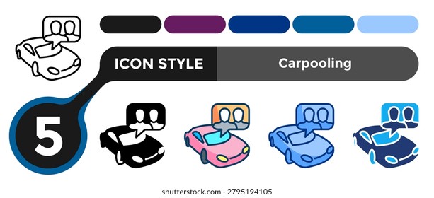 Carpooling icon for representing shared transport usage, reduced traffic systems, and collaborative commuting solutions. Line, Filled, Color, Blue, Dualtone style.