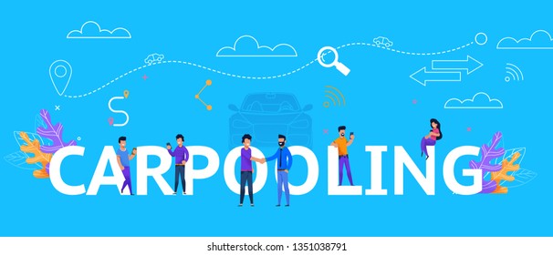 Carpooling Illustration Concept. Friemdly Man and Woman Person Greet and Share the Ride in Travel. Group of People and Trip Infographic. Automobile Route with Destination Point. Social Collaboration.