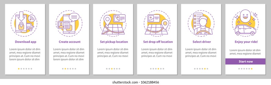 Carpooling mobile app onboarding mobile app page screen with linear concepts. Ride sharing service graphic instructions. UX, UI, GUI vector template with illustrations