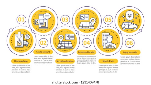 Carpooling mobile app vector infographic template. Ride sharing service. Business presentation design elements. Data visualization with six steps and options. Process timeline chart. Workflow layout