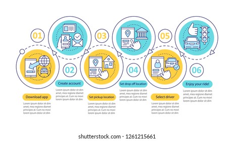 Carpooling mobile app vector infographic template. Ride sharing service. Business presentation design elements. Data visualization with six steps and options. Process timeline chart. Workflow layout