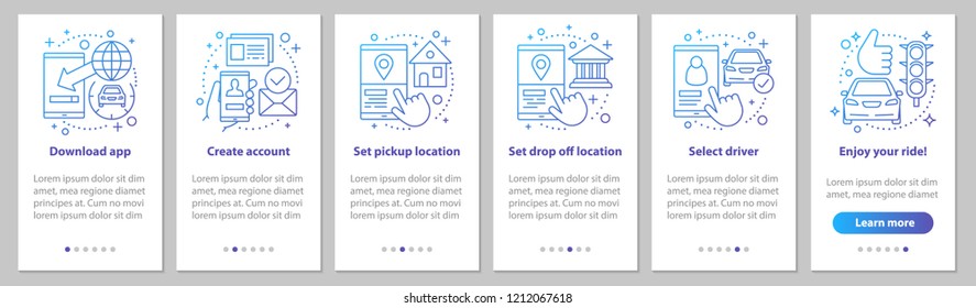 Carpooling onboarding mobile app page screen with linear concepts. Ride sharing service graphic instructions. UX, UI, GUI vector template with illustrations