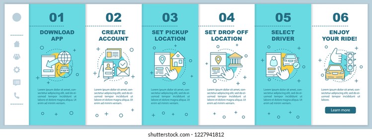 Carpooling onboarding mobile web pages vector template. Ride sharing. Auto leasing. Responsive smartphone website interface with linear illustrations. Taxi ordering. Webpage walkthrough step screens
