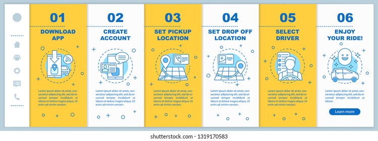 Carpooling onboarding mobile web pages vector template. Responsive smartphone website interface idea with linear illustrations. Ride sharing service webpage walkthrough step screens. Color concept