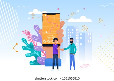 Carpooling Service Mobile App. Flat Illustration of Two Men Handshake, Standing and Talking. Hand with Smart Phone and Route on Screen. Modern Travel Cooperation. City Transport Technology.