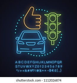 Carpooling service neon light concept icon. Successful ride sharing idea. Driving car. Glowing sign with alphabet, numbers and symbols. Vector isolated illustration