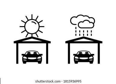 Carports - automobile protection from ultraviolet light and rain - isolated monochrome vector icons