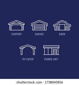 Carports icon set. Metal and steel buildings. Set of carports, garages, barns, rv covers, combo units vector icon