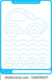 Car.Preschool worksheet for practicing fine motor skills - tracing dashed lines. Tracing Worksheet.  Illustration and vector outline - A4 paper r