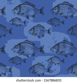 Carps Fish Seamless pattern. Ornament items isolated on a blue background. Hand Drawn vector illustration.