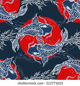 Carps seamless pattern, hand drawn japanese art