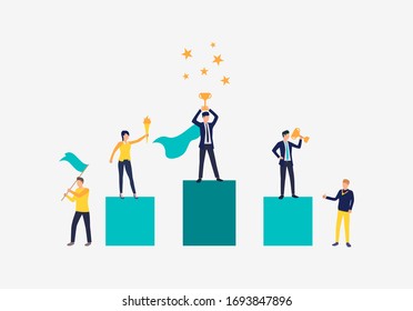 Carrer success vector illustration. People standing on podium, people supporting them. Business result concept.Vector illustration can be used for topics like competition, achievement, success