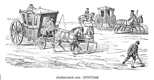 Carriage above a runner (eighteenth century), vintage engraved illustration. Industrial encyclopedia E.-O. Lami - 1875.
