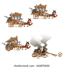 The carriage with armed bandits crashed isolated on a white background. Cartoon vector close-up illustration.