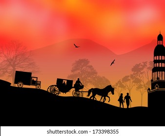 Carriage, car and lovers at sunset in beautiful landscape, vector illustration