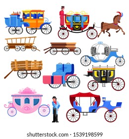 Carriage coach vector vintage transport with old wheels and antique transportation illustration set of coachman character royal for horse and chariot wagon for traveling, isolated on white background