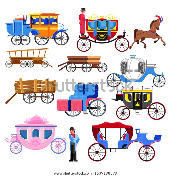 白い背景に馬車の古い車輪と古い輸送イラストのセット 馬には王室の御者のキャラクター 白い背景には戦車のキャラクターのセット のベクター画像素材 ロイヤリティフリー