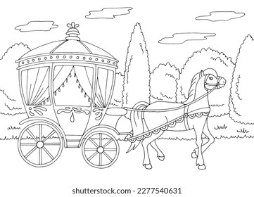 Carriage coloring is moving along the road graphic black white landscape sketch illustration vector
